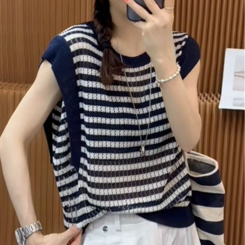 夏季冰涼針織鏤空上衣 條紋圓領小飛袖T恤 寬鬆百搭款