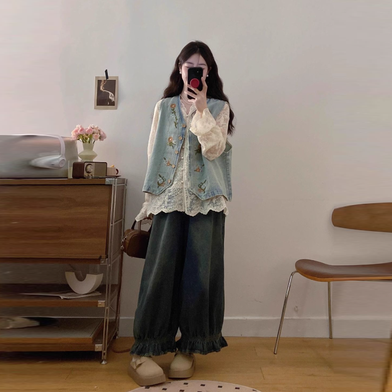 韓系復古三件式套裝 牛仔背心＋蕾絲襯衫＋寬鬆牛仔寬褲 成套穿搭 百搭有型