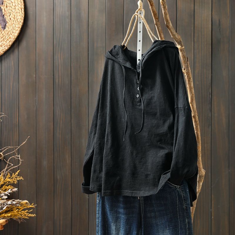 竹節棉連帽TEE文藝復古 長袖春裝新款寬鬆大版型遮肉上衣