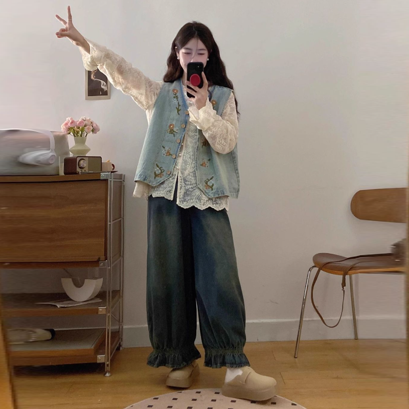 韓系復古三件式套裝 牛仔背心＋蕾絲襯衫＋寬鬆牛仔寬褲 成套穿搭 百搭有型