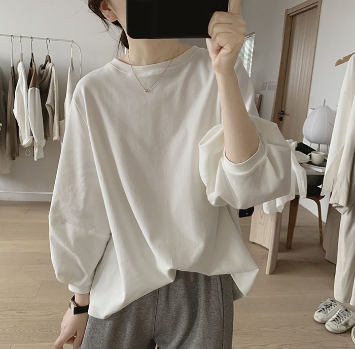 純棉燈籠袖七分袖T恤  清新簡約 遮小腹顯瘦