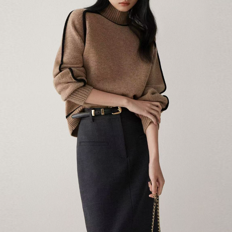 高領插肩針織毛衣 法式感燈籠袖 滾邊設計 寬鬆版型