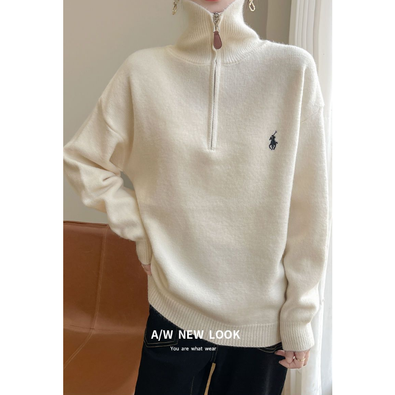 拉鏈翻領針織上衣 寬鬆設計 秋冬必備