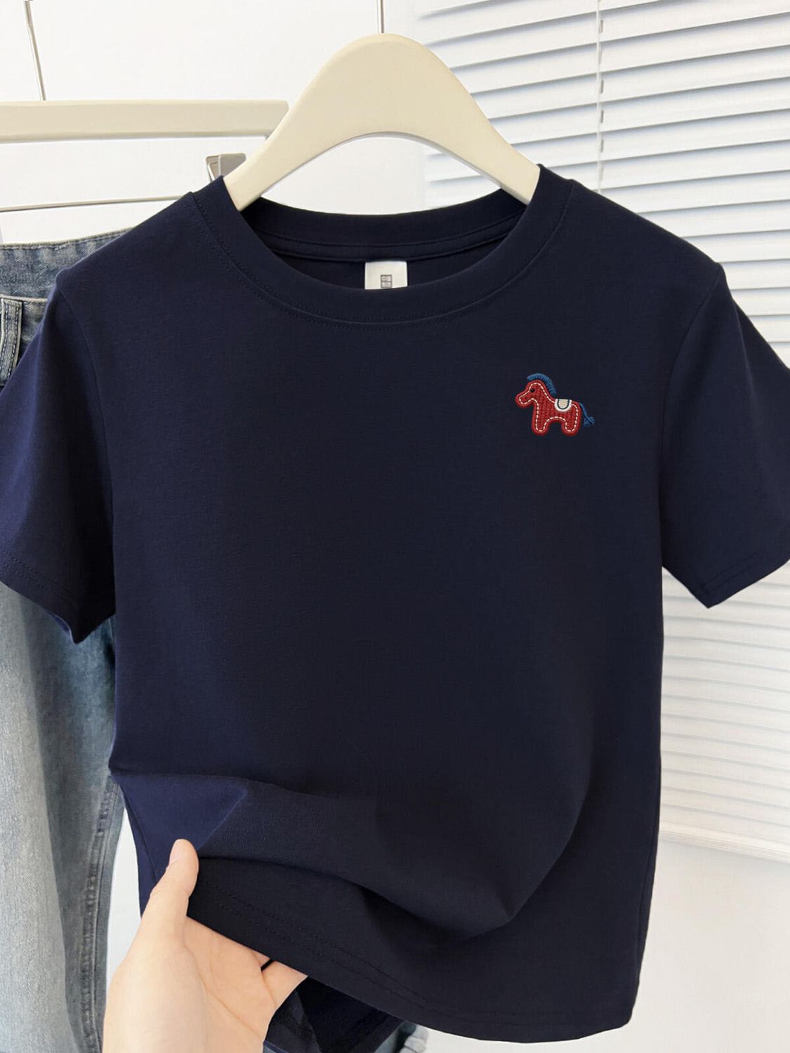 S-4XL純棉小馬刺繡短袖T恤 正版型簡約百搭酒紅上衣