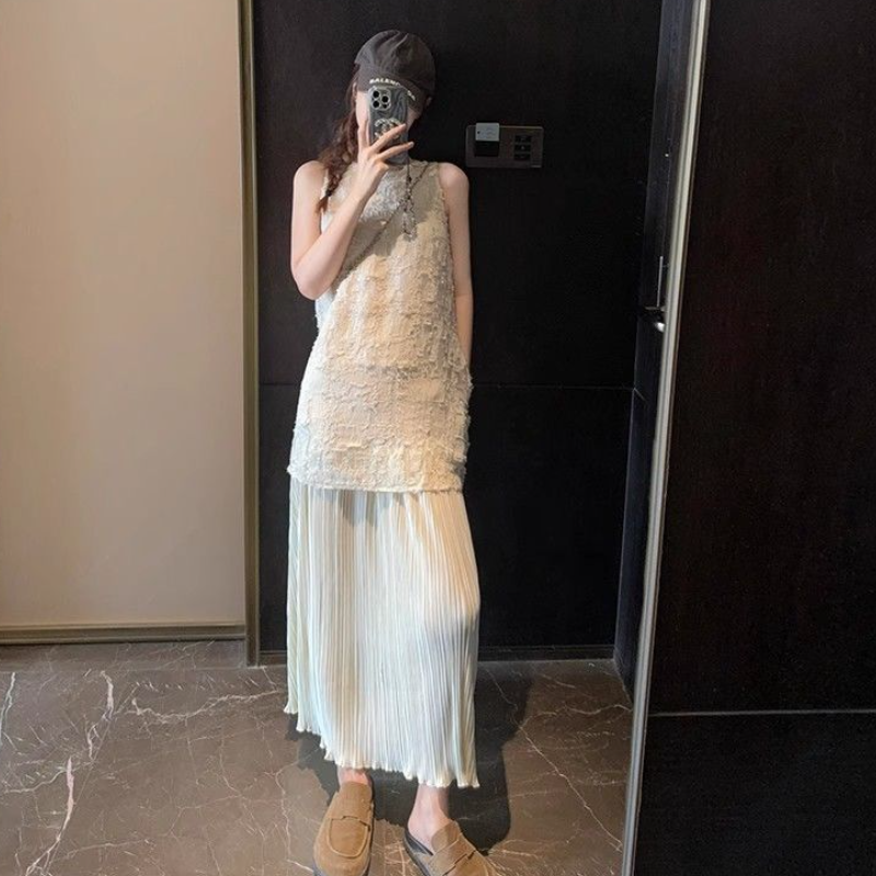 假日風層次拼接無袖洋裝 立體剪花上身 壓褶長裙 長版 氣質顯瘦