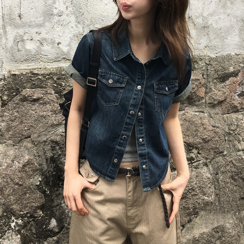 復古牛仔短袖襯衫 雙口袋設計 美式休閒上衣