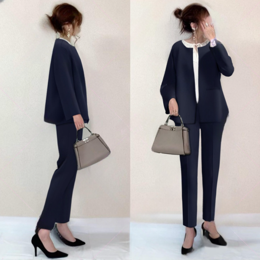 日系通勤套裝 上衣有口袋 圓領外套+長褲西服套裝