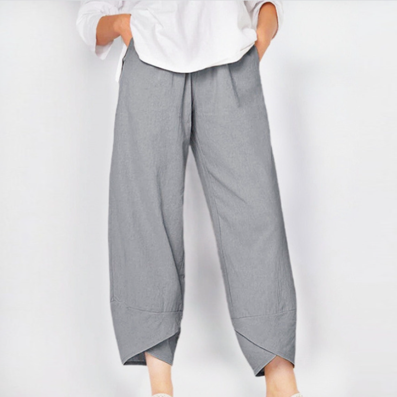 顯高設計感 彈力腰九分休閒長褲棉麻寬鬆休閒褲家居褲