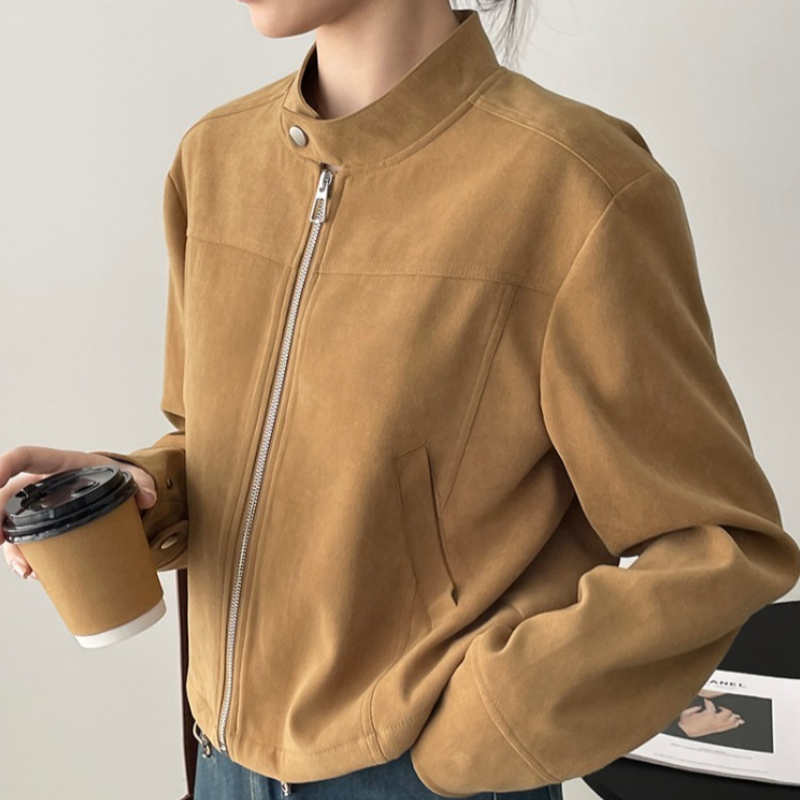 美式復古立領短版夾克 拉鍊門襟 釦帶設計 挺版有型外套