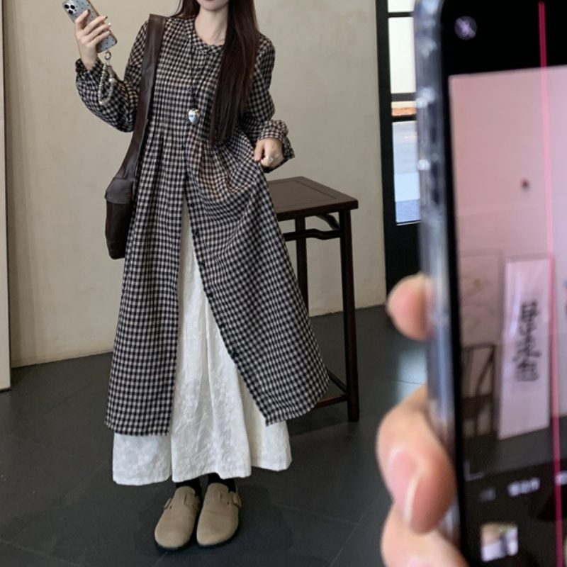 日系復古格紋襯衫洋裝 長袖寬鬆 可層次穿搭 慵懶風（嬌小友善）