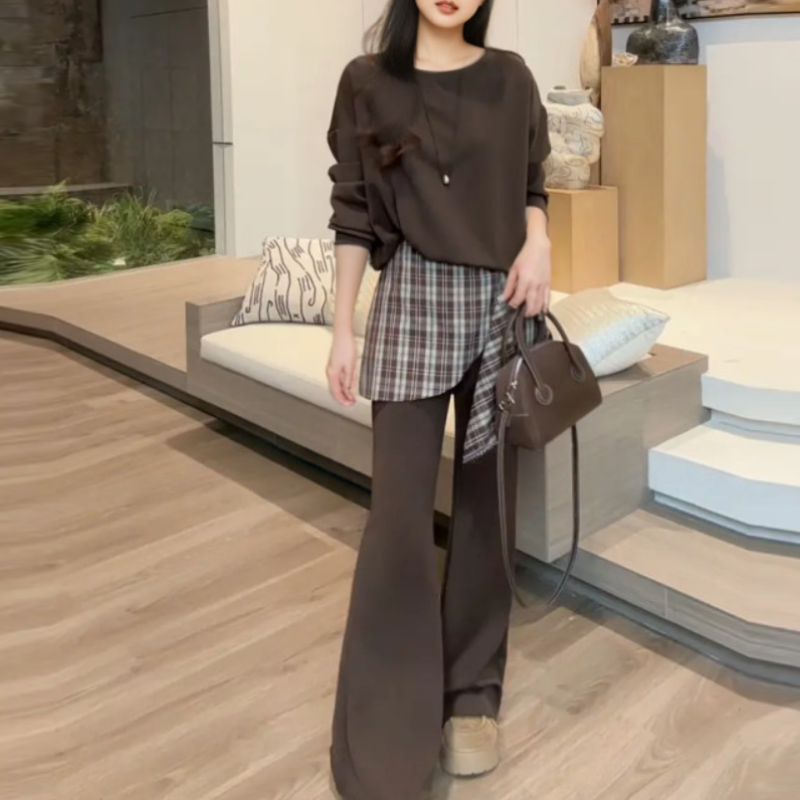 兩件式休閒套裝 長袖上衣＋高腰寬褲（拼接設計）