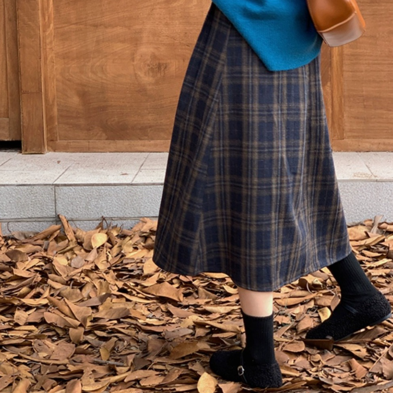 復古格紋毛呢中長裙 高腰A字傘裙 寬鬆顯瘦 修飾臀胯 秋冬百搭