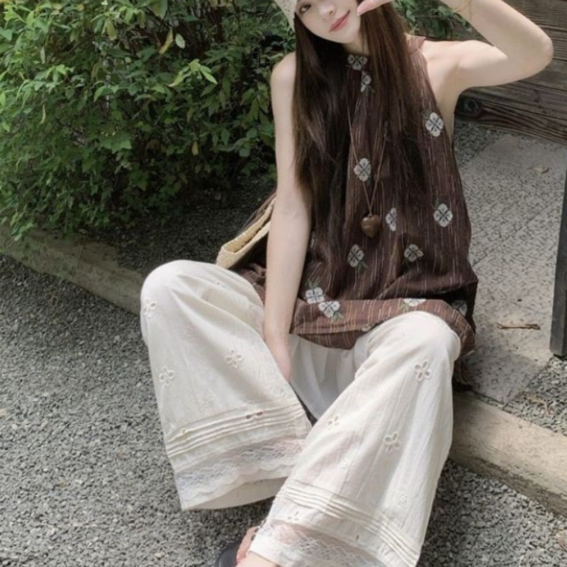 棕色印花無袖上衣 掛脖設計寬鬆剪裁 文青復古風