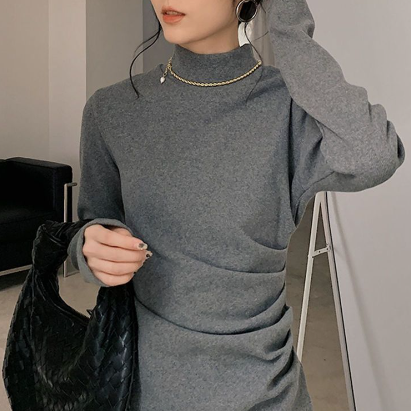 法式修身針織短洋裝 半高領設計 秋冬簡約氣質款