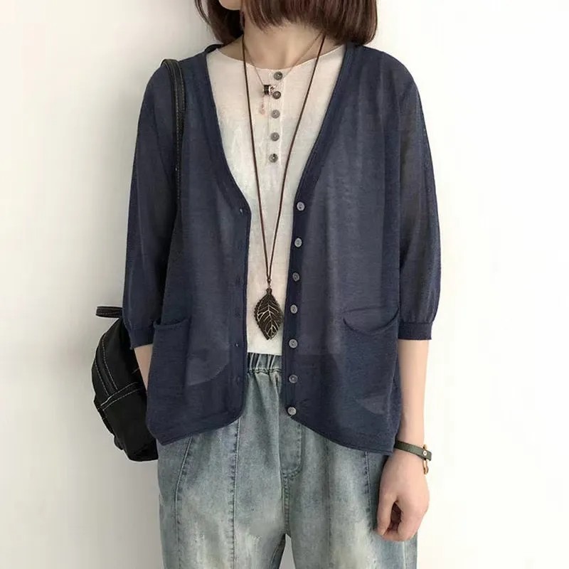 日韓風休閒罩衫 百搭冰絲針織開襟衫 洋氣上衣