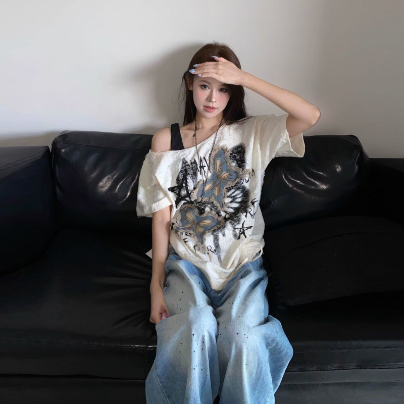 美式復古蝴蝶印花寬鬆長版T恤 個性設計感 休閒百搭上衣