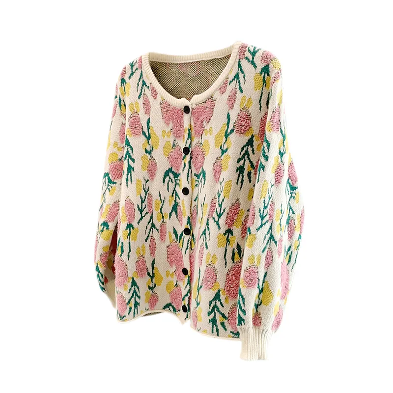 簡約 ‧ 甜美立體花朵針織外套秋冬復古提花