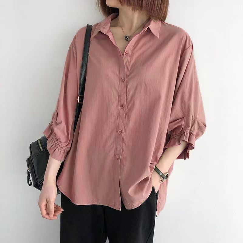 韓版寬鬆燈籠袖襯衫-春夏薄款大尺碼七分袖上衣