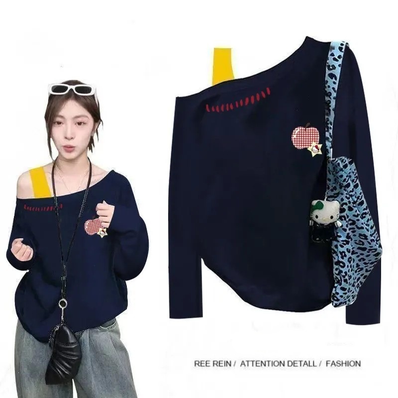 純棉斜肩假兩件長袖T恤 秋季寬鬆 設計感印花 不對稱露肩 百搭