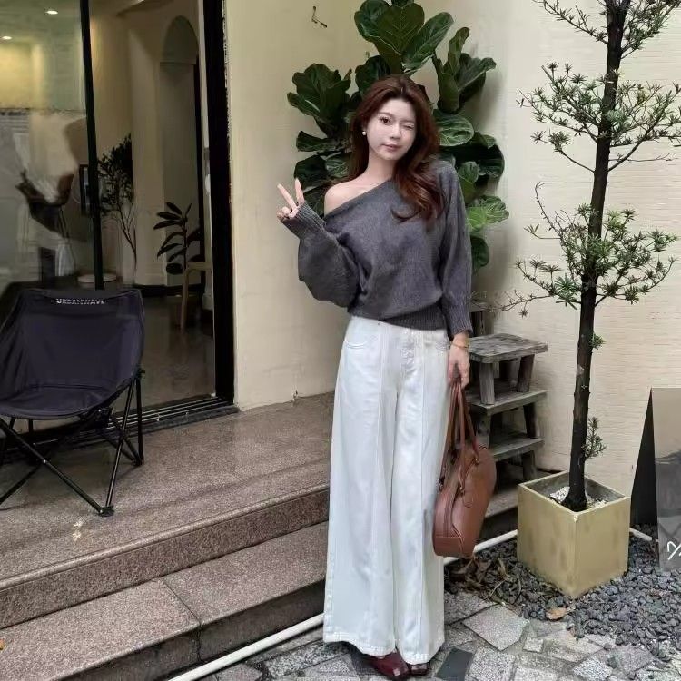 一字領露肩針織上衣 秋季慵懶風 長袖顯瘦 溫柔韓系毛衣