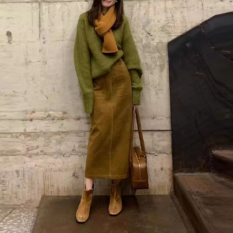 【單品可選】高級感韓系復古毛衣針織上衣+高腰顯瘦半身裙