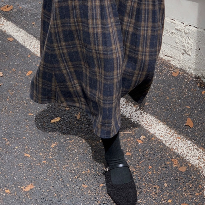 復古格紋毛呢中長裙 高腰A字傘裙 寬鬆顯瘦 修飾臀胯 秋冬百搭