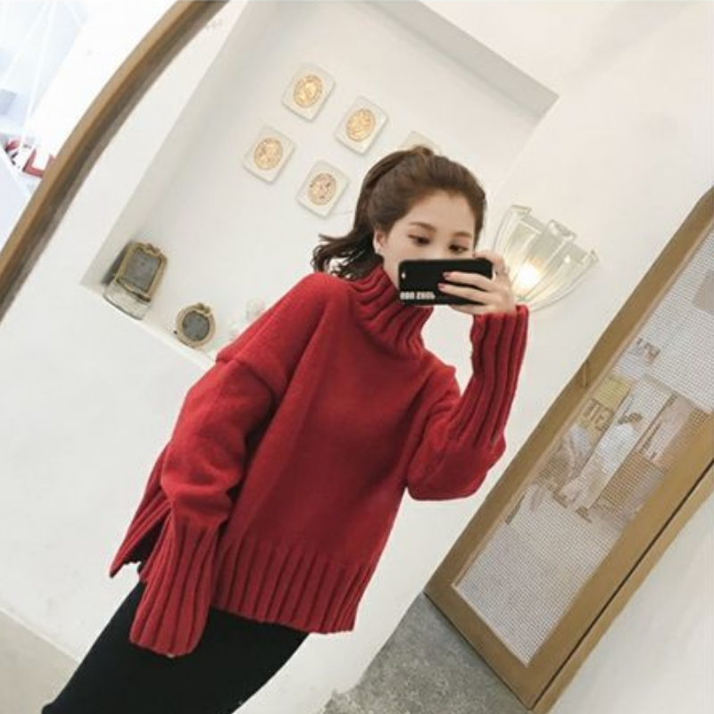 寬鬆高領針織毛衣 落肩版型 加長羅紋下擺與袖口