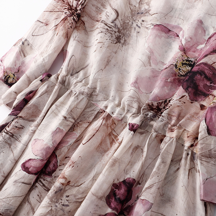 加大尺碼文青風苧麻薄款抽繩收腰碎花圓領洋裝