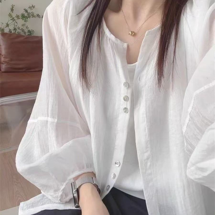 韓系雪紡開襟罩衫 輕薄防曬 寬鬆疊穿 圓領排釦 蓬袖