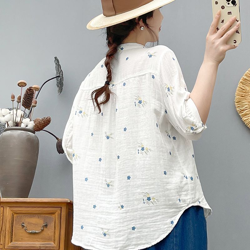 碎花雙層棉紗襯衫 中袖設計 寬鬆舒適 文青風上衣