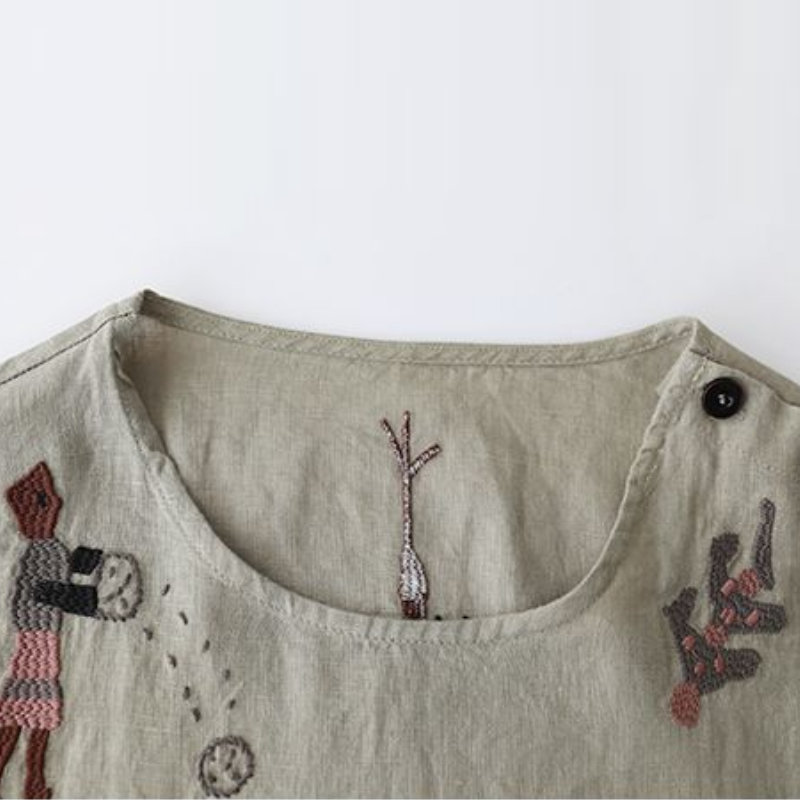 夏季森系刺繡連身裙 圓領寬鬆A字版型 文青甜美洋裝