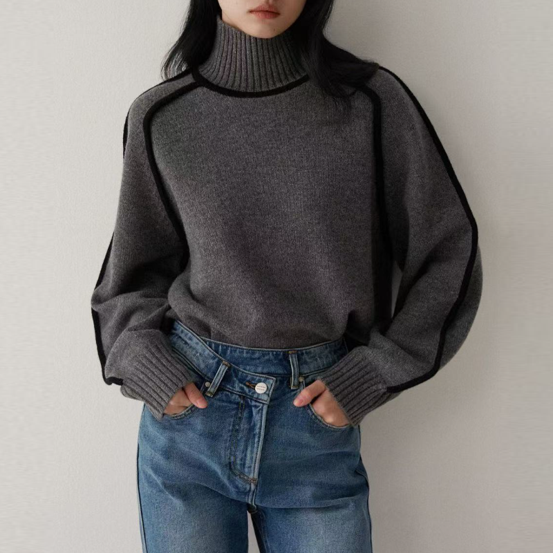 高領插肩針織毛衣 法式感燈籠袖 滾邊設計 寬鬆版型