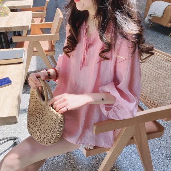 韓版寬鬆甜美系花邊燈籠袖七分袖襯衫