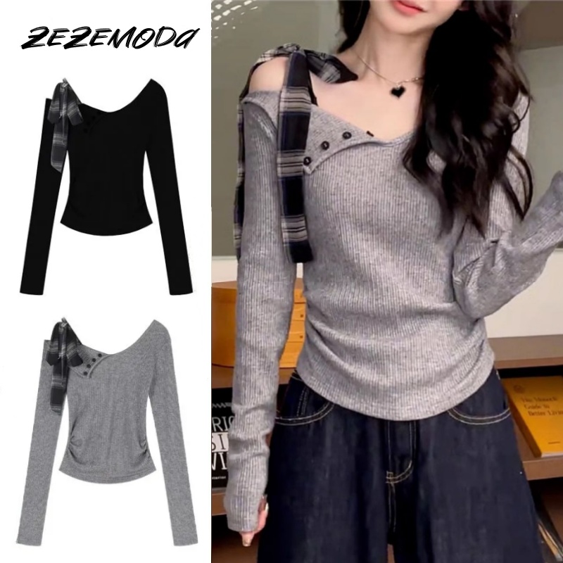 溫柔法式綁帶 斜肩一字領修身針織上衣 早秋顯瘦長袖內搭T恤