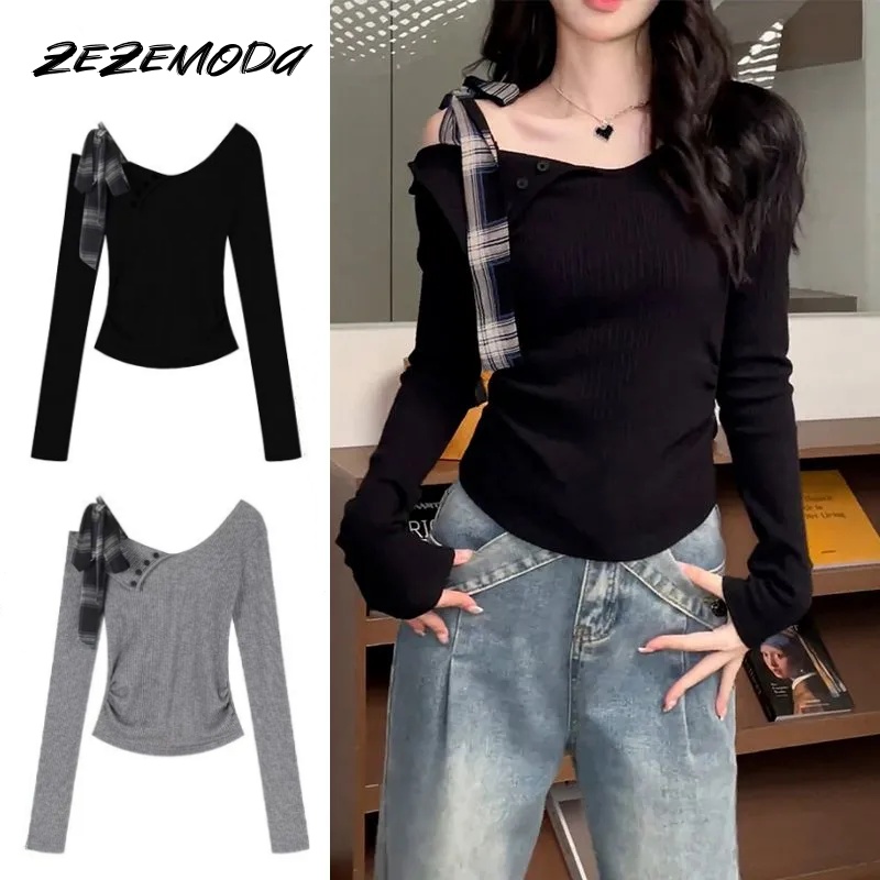 溫柔法式綁帶 斜肩一字領修身針織上衣 早秋顯瘦長袖內搭T恤