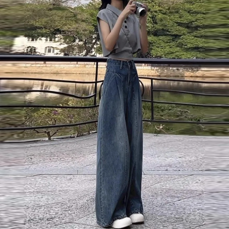 藍色港風復古牛仔寬褲 寬鬆直筒 垂墜感拖地長褲 顯瘦