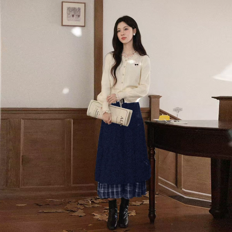 燈心絨拼接格紋長裙 高腰A字版 加厚保暖 日系氣質半身裙