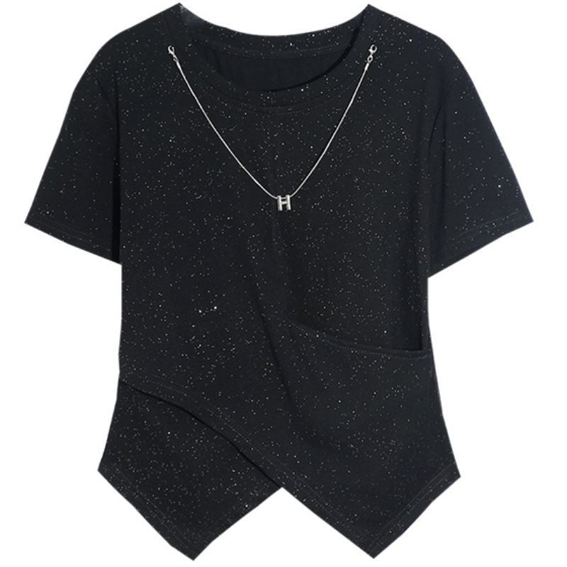 亮閃閃不規則短款短袖T恤 開叉設計感小眾獨特上衣