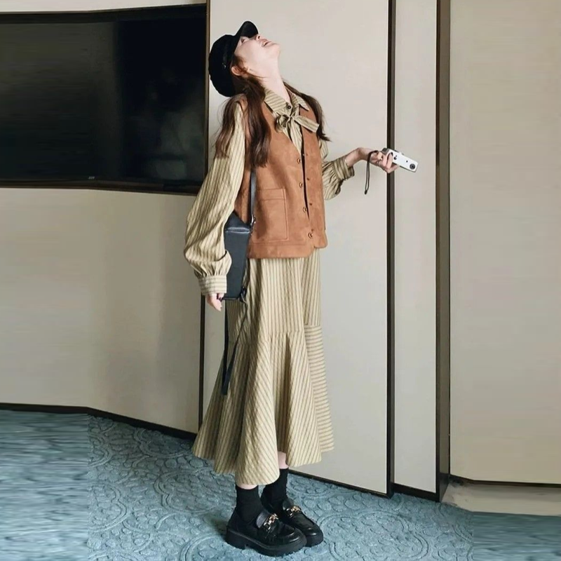 韓系條紋襯衫洋裝＋背心 兩件式套裝 長袖成套穿搭 設計感新款