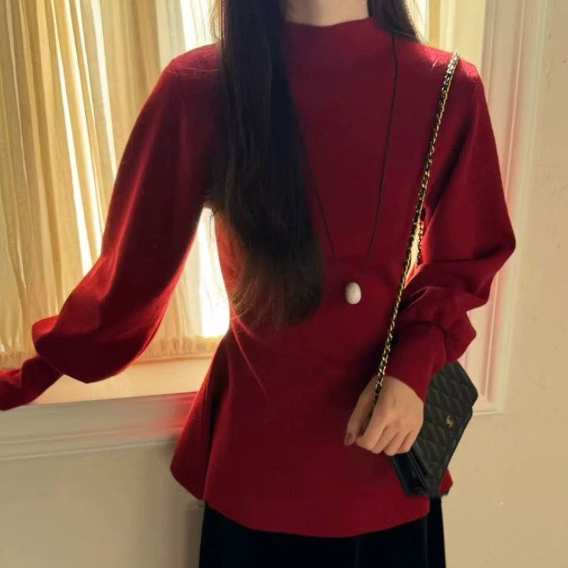 法式半高領荷葉擺針織上衣 燈籠袖 收腰版型 比例更好看