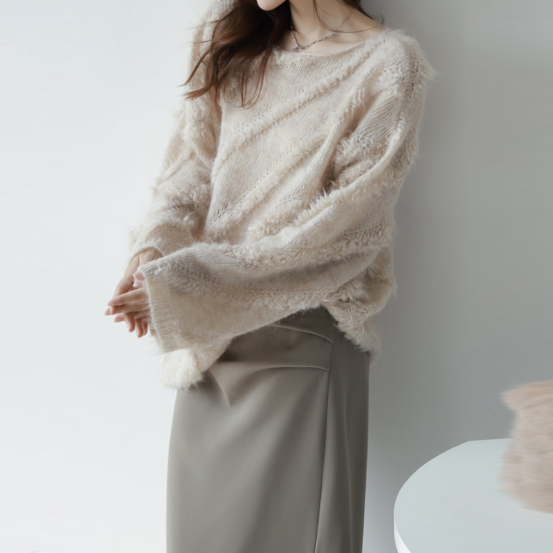 法式慵懶一字領馬海毛毛衣 秋冬外穿寬鬆針織上衣 柔軟蓬鬆