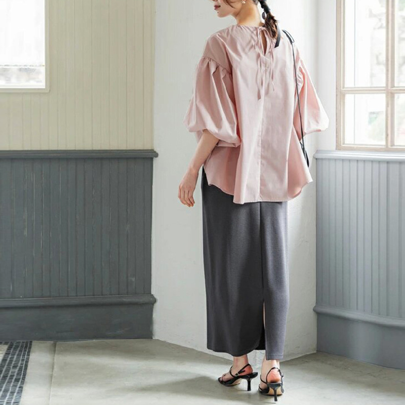 樂天新款 日韓寬鬆大版棉質襯衫 超大燈籠袖圓領五分袖上衣