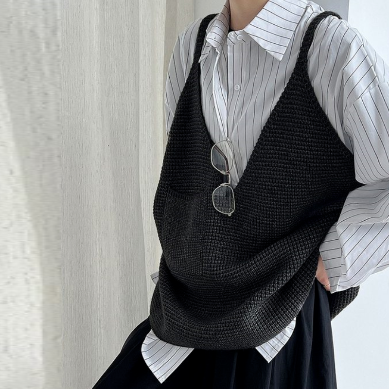 寬鬆針織背心 短版深V 外搭疊穿 慵懶感（Old Money Style）