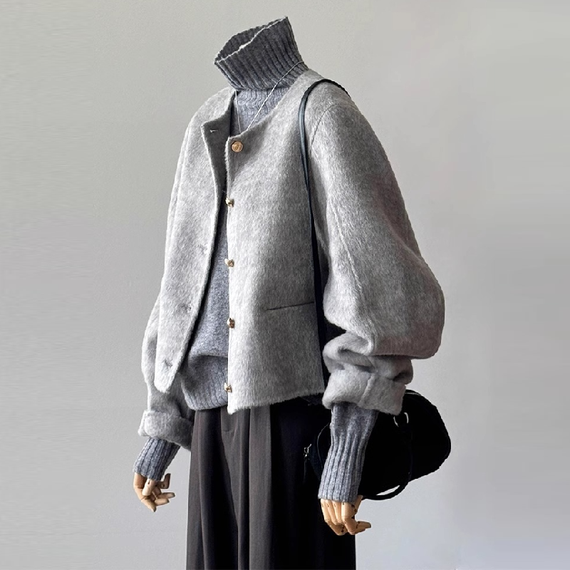 【單品可選】一整套入冬穿搭韓系小香風灰色短款呢料外套+百搭高領毛衣兩件套