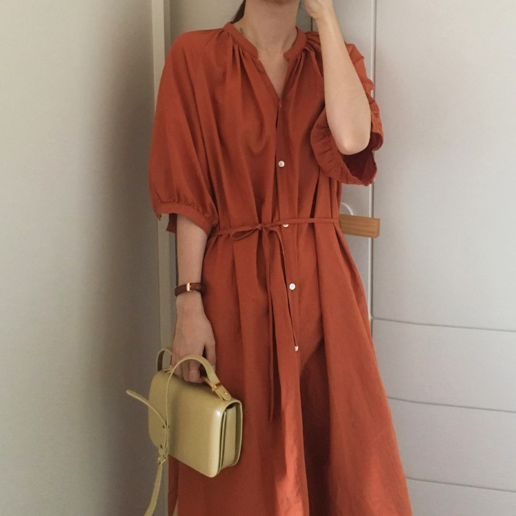 法式慵懶 古巴領五分袖連身裙 微透肌天絲棉長版罩衫 夏季冷氣房藏腰腹 獨家剪裁 早午餐微正式場合