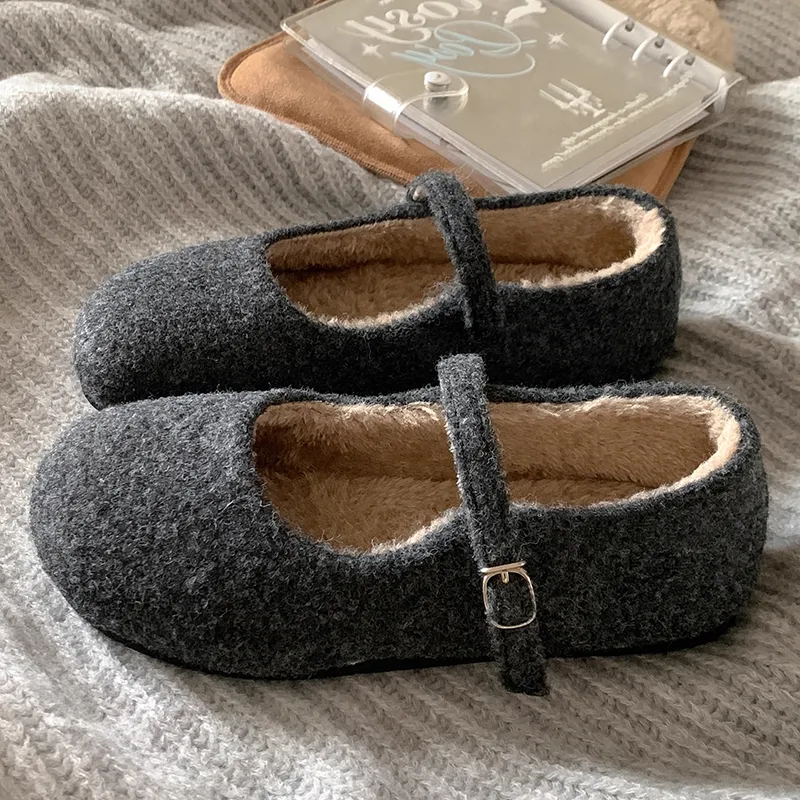 混色高級灰法式瑪麗珍毛毛鞋 內刷毛保暖 秋冬外穿平底鞋