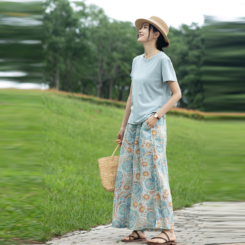 老屋印花吉普賽流浪風棉麻褲裙 南法莊園手繪撞色綁帶休閒寬褲