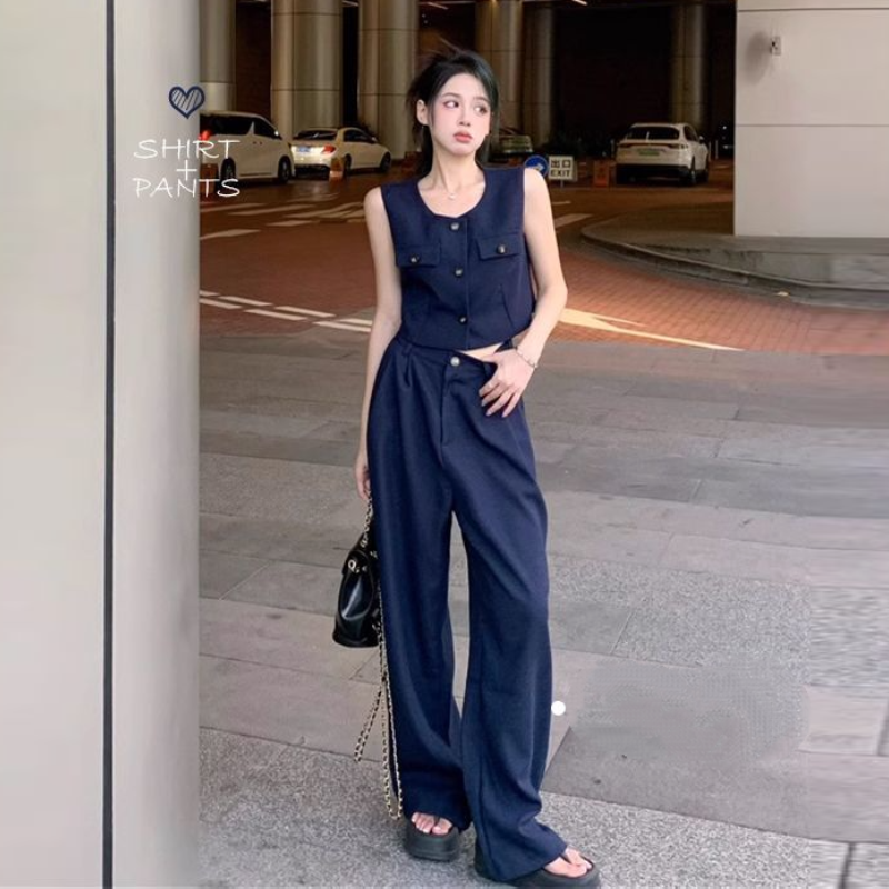 韓系兩件式套裝 無袖背心上衣＋寬褲 垂墜感 寬鬆顯瘦 外穿有型