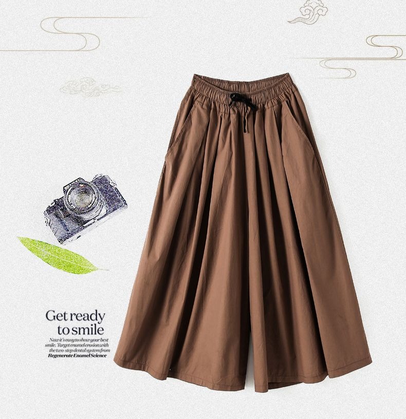 純棉寬版中長褲 鬆緊腰設計 文青休閒風