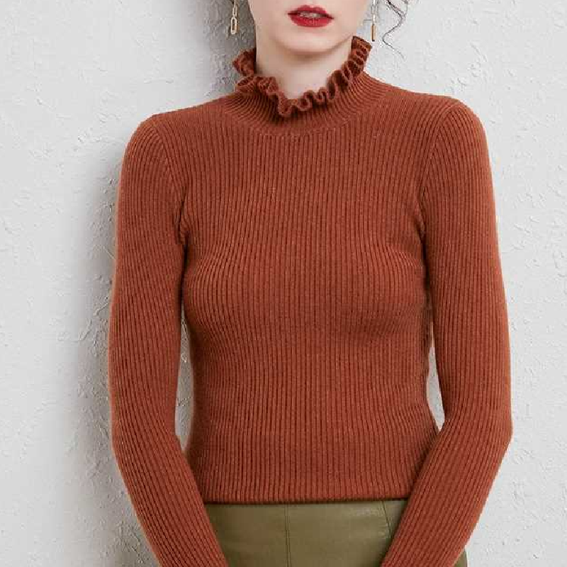 木耳花邊領長袖針織毛衣女 超顯瘦百搭款 保暖半高領毛衣